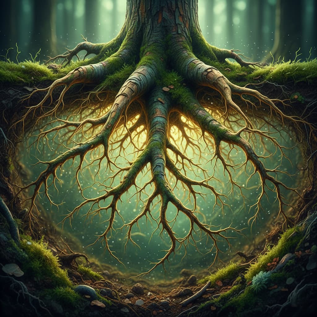 Representación artística de una red de micorrizas (hongos) conectando las raíces de varios árboles en un bosque, formando un patrón complejo y orgánico.